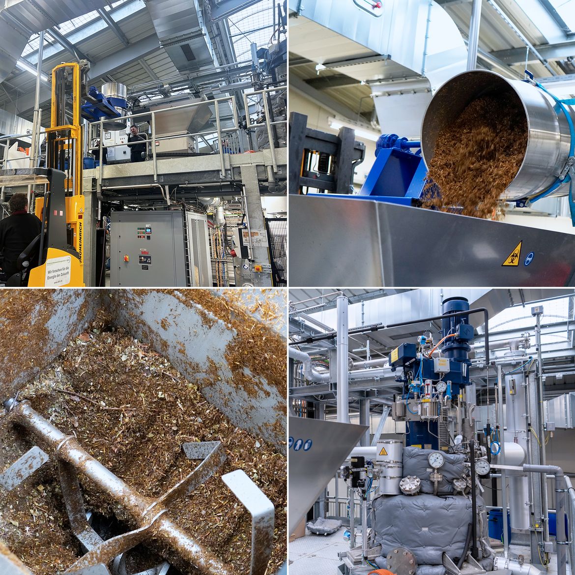 4 Fotos zur Beschickung des hydrothermalen Reaktors mit Stroh, Biomüll und Rindergülle
